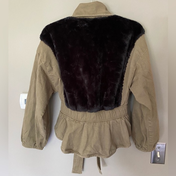 MARISSA WEBB Faux Fur Belted Coat Olive Green Utility Trench Jacket Size 6 - Picture 9 of 13